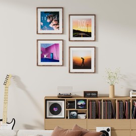 Venusmiles Vinyl Record Frame Natural Walnut Wood 16 X 16 Inches with White Mat, for 12.5" x 12.5" LP Record Album Display, Shatter-Resistant Tempered Glass Cover and Wall Hanging Hardware