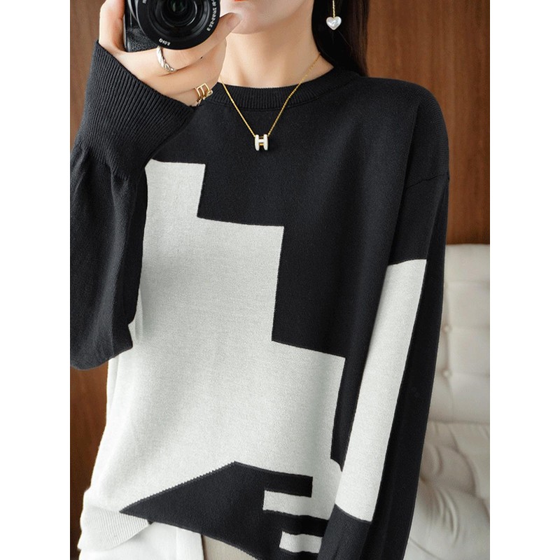 unifiss 033A Knit, Bi-Color, Pattern, Crew Neck, Long Sleeve, Cute,