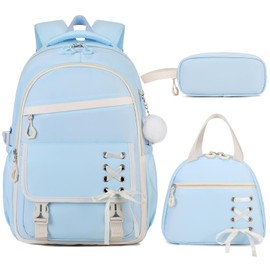 Scothen 3PCS Girls Backpack for School, Kids Backpack for Girls with Lunch Bag Pencil Case, Kids Bookbag Teen Backpacks for Elementary Middle High School (Blue)