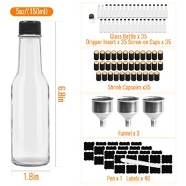 TOEKSIX 35 Pack 5 oz Glass Hot Sauce Bottles with Black Caps,Glass Sauce Bottles with Shrink Capsule,Clear Glass Woozy Bottles,Vanilla Extract Bottles for Homemade Hot Sauces, Dressing,Beverages
