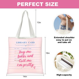 TiTkaiVi Pink Library Card Canvas Tote Bag for Woman, Birthday Gifts for Book Lovers Women, Reading Accessories, Librarian, Bookish, Readers, Library Present