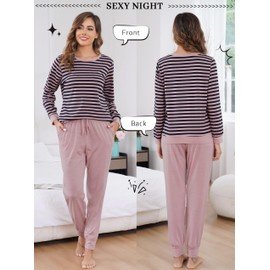 Wikoan Women Pyjamas Set Cotton Soft Pj's Sets Long Sleeve Striped Top and Solid Pants Sleepwear with Pockets Drawstring,Rose Pink,M
