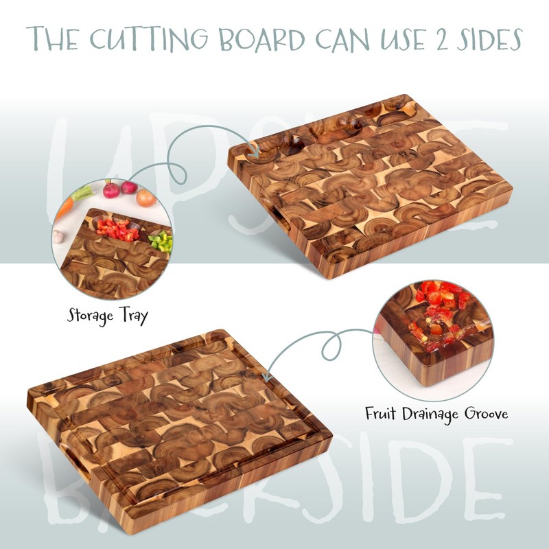 Acacia End Grain Cutting Board (17x13x1.5in), Butcher Block - Reversible