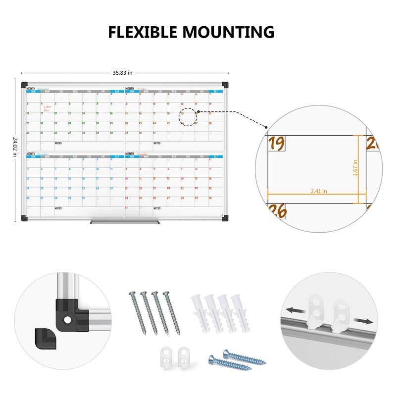 XBoard Magnetic Calendar Whiteboard 36" x 24", 4 Months Calendar