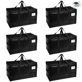 RUGGED RHINO Heavy Duty Extra Large Moving Bags, 6 Pack 50lb Capacity Tote, Durable Water and Puncture Resistant Winter Clothes Storage Totes for Moving, Strong Carry Handles and Zippers, Black