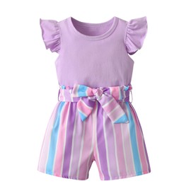 Derouetkia Toddler Baby Girl Clothes Ruffle Tops Solid Colour Short Sleeve and Shorts Summer Outfits Set, Purple, 2-3 Years