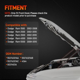 2PCS Front Hood Lift Supports Shock Struts Compatible with 2002-2008 Dodge Ram 1500, Compatible with 2002-2010 Dodge Ram 2500 3500, Compatible with 2008-2010 Dodge Ram 4500 5500 Replace# 55276321AA