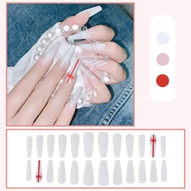Snowflake Press on Nails Long Christmas Fake Nails White Stripes Snowflakes Ribbons Designs Glue on Nails Acrylic Nails French Tip False Nails Full Cover Coffin Nails for Women Xmas Nails Decor 24 Pcs