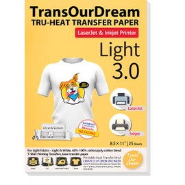 TransOurDream Printable HTV Heat Transfer Vinyl for Inkjet & Laser Printer (25 Sheets 8.5x11", Light 3.0) Iron on Vinyl for Light & White Fabrics Heat Transfers Paper for T Shirts (L3-25)