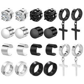 JewelryWe Unisex Magnetic Non-pierced Earrings: 10 Pairs Men Women 2024 Clip On Earrings Non Pierced Studs Hoop Fake Black Cross Stainless Steel Dangle Earrings