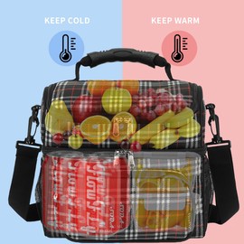 FlowFly Double Layer Cooler Insulated Lunch Bag Adult Lunch Box Large Tote Bag for Men, Women, With Adjustable Strap,Front Pocket and Dual Large Mesh Side Pockets,Plaid