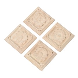 4 Pcs Decorative Wood Flower Carved Appliques Onlays 2.36 x2.36inch,SmallUnpainted Solid Wood Square Carving Decal for Furniture Cabinet Closet Decoration