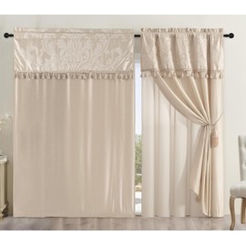 Chezmoi Collection Royale 4-Piece Jacquard Floral Window Curtain/Drape Set with Sheer Backing Valance Tassels, Champagne