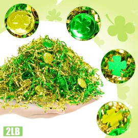 TORONTOKYO 2 LB St Patricks Day Crinkle Cut Paper w/Clover Coin Confetti, Metallic Gold Green Paper Shred Gift Wrap Box Basket Filler for St Patricks Day, Birthdays, Weddings, Anniversaries