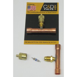 C&D CD8438/2 tee with 1/4" m. Flare Access on 3/8" Copper Tube, swaged at Each end for 3/8" OD Tube, CD2250 Brass Wrench Cap and Valve core