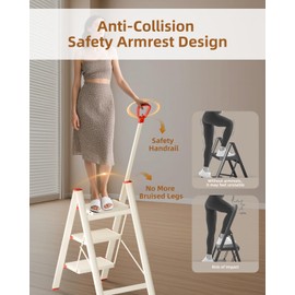 ASPERALD Step Ladder with Single-Handrail,Foldable Step Stool with Anti-Slip Wide Pedals for Home Kitchen Closet,Lightweight 3 Step Folding White