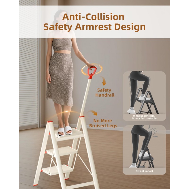 ASPERALD Step Ladder with Single-Handrail,Foldable Step Stool with Anti-Slip Wide