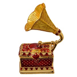 FJ FENGZHIJIE Trinket Box Gramophone Decor Gold Plated Crystal Phonograph Model Treasure Box Ring Case Giftable Souvenir
