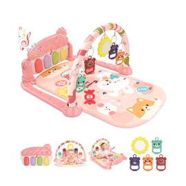 dearlomum Baby Gym Play Mat with 4-Key Musical Piano Play Activity Center with Hanging Toys Tummy Time Mat for Infants and Toddlers Lights Sounds and Sensory Development (Pink Animal Theme)