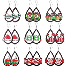 Ucilon 9 Pairs Christmas Earrings for Women Wooden Holiday Dangle Earrings Stocking Stuffers Gifts Acrylic Christmas Tree Santa Claus Snowflake Snowman Earrings (Christmas Earrings-Wooden)