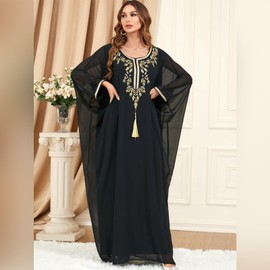 Women Kaftan Dress Dubai Abaya Dress Casual Moroccan Kaftan Gown Eid Clothes Applique Embroidery Moroccan Dubai Kaftans Farasha Abaya Dress Very Fancy Long Gown Long Maxi Formal Bridesmaid Dress Black
