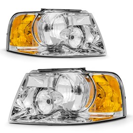 ROADEAL for 2003 2004 2005 2006 Ford Expedition Headlights 03-06 Expedition Headlight assembly Chrome Housing Amber Reflector Headlamp Replacement Clear Reflector Clear Lens Driver & Passenger Side