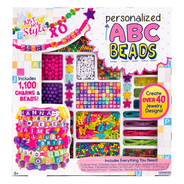 Just My Style ABC Beads by Horizon Group Usa, 1000+ Charms & Beads, Alphabet Charms, Accent Beads, Seed Beads, Star Beads, Wax Beading Cord, Satin Cord & Key Ring Included, Bright
