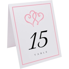 Linked Hearts and Border Wedding Table Numbers (Select Color/Quantity), White, Pink, 1-50, Double Sided, Tent or Use in a Stand, Great for Parties & Restaurants