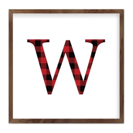 Custom Christmas Initial Letter W Red Black Buffalo Plaid Framed Wall Art Floral Alphabet Wood Sign Rustic Wood Hanging Signs Welcome Hanging Wall Window Outside Decor Sign 12"x12"