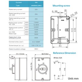 32Amp Disconnect Switch 690V AC Isolator Switch,4-Pole IP66 Waterproof Isolation PV Rotary Disconnect On Off Changeover 2 Position Solar Panel Mount