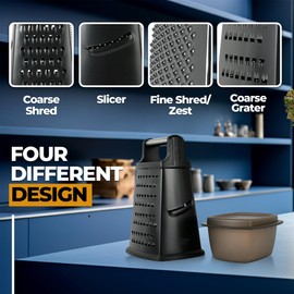 SWYSH Cheese Grater with Container Gourmet 4-Sided Stainless Steel Box Grater with Detachable Storage Container, Black