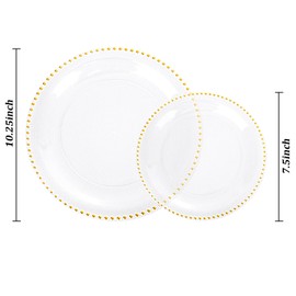 Rubtlamp 60Pcs Clear Gold Plastic Plates, Clear Disposable Plates With Gold Beaded, Heavyduty Plastic Plates Include 30 Dessert Platos, 30 Dinner Platos for Wedding Party