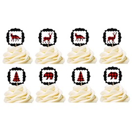 CakeSupplyShop Lumberjack Forest Animals Deer Fox Bear Tree Red & Black Buffallo Plaid Collection (12pack Cupcake Toppers)