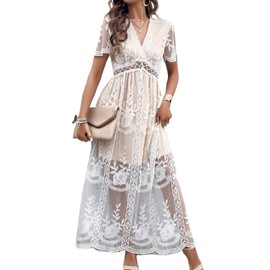2025 Spring Summer Maxi Dresses for Women V Neck Short Sleeve Lace Floral Flowy Beach Vacation Boho Wedding Sundress (White,Small)