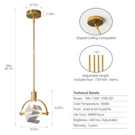 LIANGMH Pendant Ceiling Light Fixture for Kitchen Island, Modern Integrated LED Hanging Light, Crystal Pendant Light in Gold Brushed Brass Finish, Bedroom, Dining Room(1-Lights)