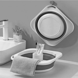 Lavabo plegable de plástico de 5 l (1.4 galones), bandeja de cocina, tina pequeña Floding, cubeta de lavado de plástico que ahorra espacio para recámara, camping, suministros de pesca, viajes y hogar (gris, 2 piezas)