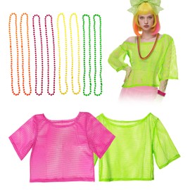 SAIIURV 10 Pieces 80s 90s Outfit Women's Mesh Shirt Net Top, Necklace, 80s Fancy Dress Costumes Women, 80s Outfit Accessories for Women Clothing Neon Party Carnival, multicoloured, Unit size