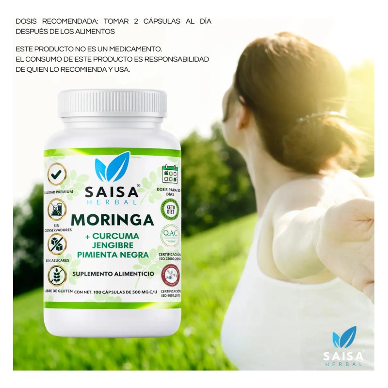 Moringa Cúrcuma Jengibre Pimienta Negra 100 Cáps Saisa Herbal Inmunidad