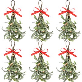 Christmas Artificial Mistletoe Decoration Picks 6 PCS,Christmas Decorations Indoor Ornaments Hanging Mistletoe Decor for Christmas Tree with Buffalo Plaid Bow Berries Mistletoe Kissing Ball (White01)