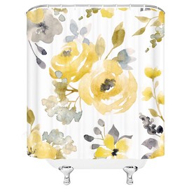Watercolor Floral Shower Curtain Abstract Yellow Grey Flowers Leaf Large Blooms Fabric Bath Curtains Bathroom Accessories Polyester with Plastic Hooks 70x70 Inch…