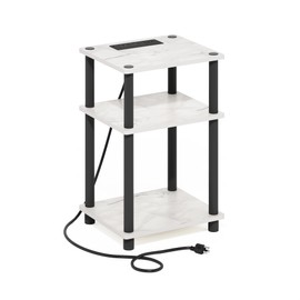 Furinno Just 3-Tier Turn-N-Tube USB and Type-C Charging Port End Table with Open Storage, 11.42 (W) x 8.82 (H) x 6.77 (D) inches, Marble White/Black