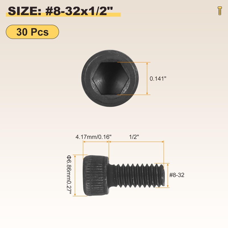 METALLIXITY Socket Head Cap Screws(#8-32x1/2")30Pcs, Carbon Steel Allen Socket Drive