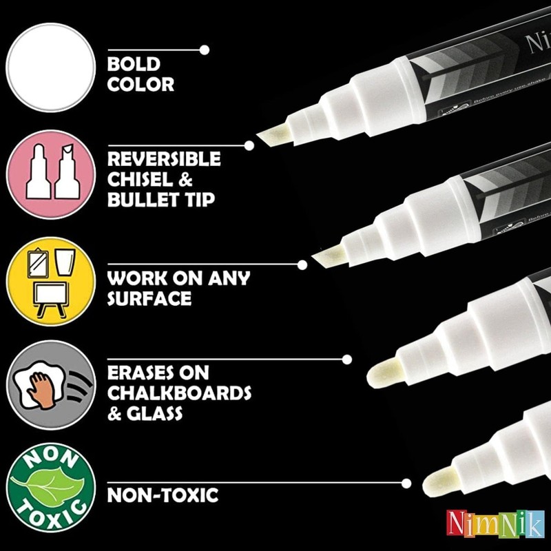 NIMNIK White Chalk Markers for Blackboards - 6mm Reversible Nib