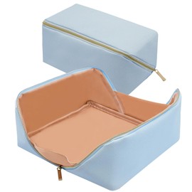 Lazy Makeup Bag Opens Flat for Easy Access,Large Capacity Cosmetic Bag Pouch Makeup Pouch Storage Organiser for Women Girls,Waterproof Travel Toiletry Bag,Birthday Gifts for Friend (Light Blue)