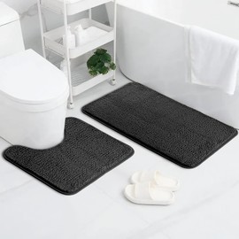 AUAUY Bath Mat Set of 2, Soft Microfibre Bathroom Rug, Non-Slip & Water-Absorbent Base Bath Mat and U-Shape Bathroom Toilet Rug, 50 x 80 cm Bath Mat & 50 x 40 cm Toilet Mat (Dark Grey)