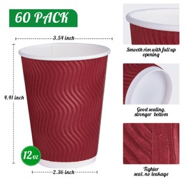 JollyPack 60 Pack Paper Cups, Disposable Coffee Cups 12 oz, Red Hot Beverage Cups with Insulated Ripple Wall, Paper Ripple Cups for Christmas, Party and Daily Life