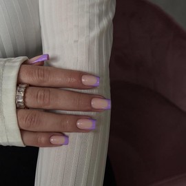 Lilac French Tip Press on Nails Short Square Nails Press ons French Tip Glue on Nails for Women DIY Acrylic French Nails Short Gel Nails, Natural Thick Extra Short French Fake Nails 30Pcs 15 Sizes