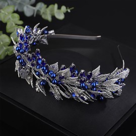 Teyglen Silver Leaf Wedding Headband Bridal Blue Crystal Pearl Beads Hair Crown Leaves Rhinestone Hair Band Headpieces for Women Hair Jewelry Accessories (Blue)