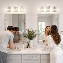 Lxybcce 19 Inch Bathroom Vanity Light with Clear Crystal Shades, 3-Light Chrome Modern Fixture Over Mirror, Easy Installation & Dimmable Lighting, Shadow-Free Illumination for Bathroom Mirror Decor