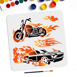 MAYJOYDIY Flames Fire Car Stencils 11.8×11.8inch Motorcycles Car Fire Painting Stencils with Paint Brush Vehicle Fire Theme Drawing Template for Fabric Walls Furniture Wood Canvas